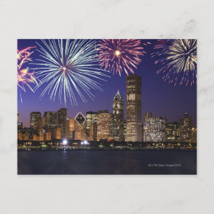 Fireworks over Chicago skyline Postcard