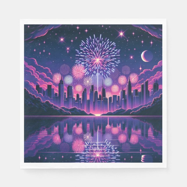 Fireworks over the City Skyline | Fourth of July Napkin (Front)
