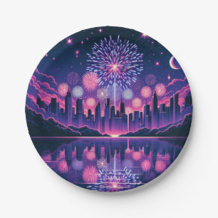 Fireworks over the City Skyline   Fourth of July Paper Plate