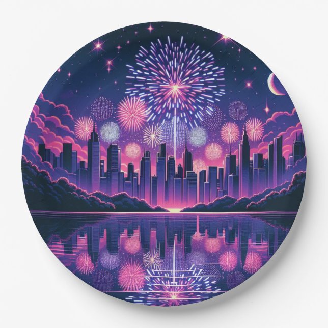 Fireworks over the City Skyline | Fourth of July Paper Plate (Front)