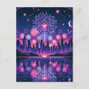 Fireworks over the City Skyline   Fourth of July Postcard