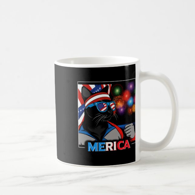 Fireworks Patriotic Black Cat  Coffee Mug (Right)