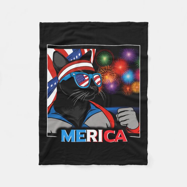 Fireworks Patriotic Black Cat  Fleece Blanket (Front)