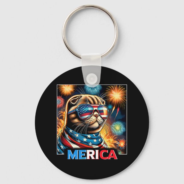 Fireworks Patriotic Scottish Fold Cat Merica  Key Ring (Front)