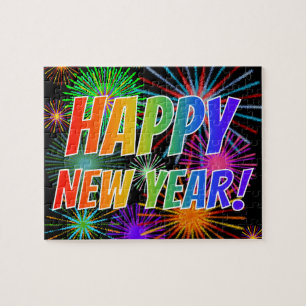 Fireworks + Rainbow Spectrum "HAPPY NEW YEAR!" Jigsaw Puzzle