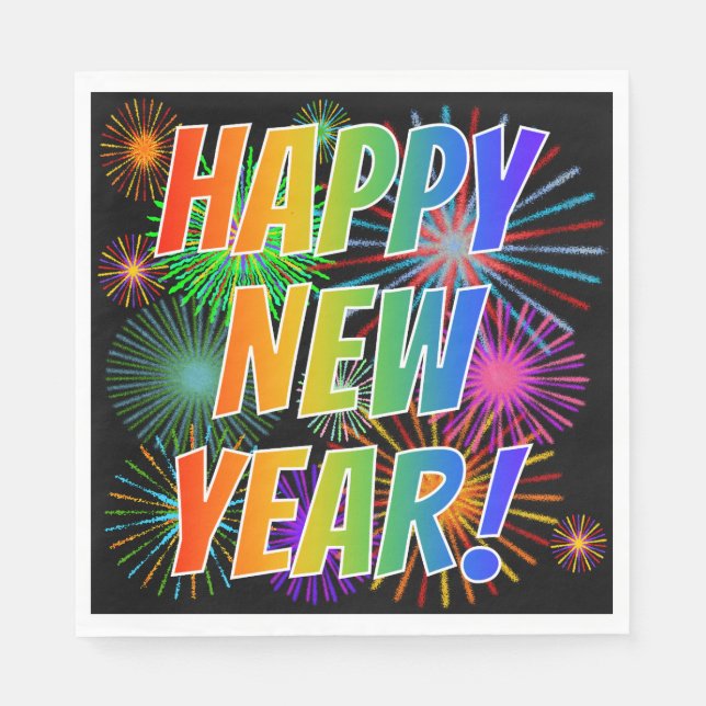 Fireworks + Rainbow Spectrum "HAPPY NEW YEAR!" Napkin (Front)