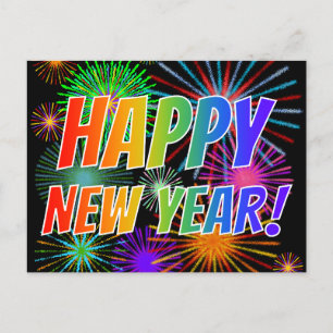 Fireworks + Rainbow Spectrum "HAPPY NEW YEAR!" Postcard
