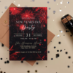 Fireworks Red and Black New Year's Eve Party Invitation