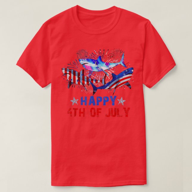 Fireworks Red White Blue Three Sharks Happy 4th Of T-Shirt (Design Front)