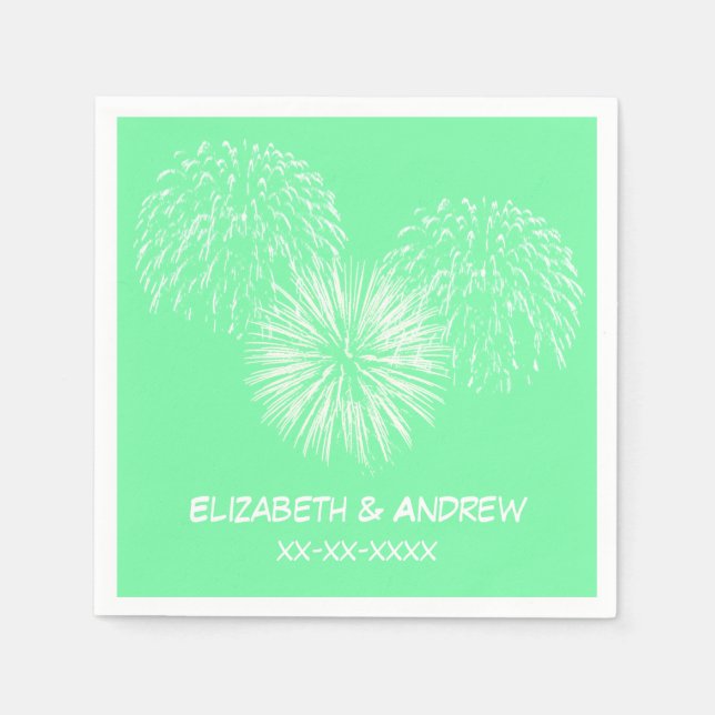Fireworks, Seafoam Green Background, Name Monogram Napkin (Front)
