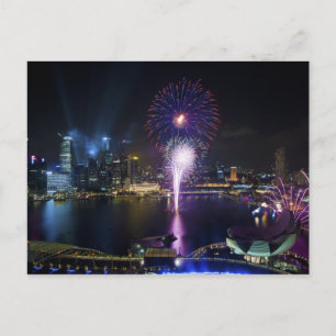 Fireworks Show in Boat Quay Singapore City Skyline Postcard