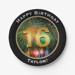 Fireworks Sixteenth 16th Birthday with Name Paper Plate