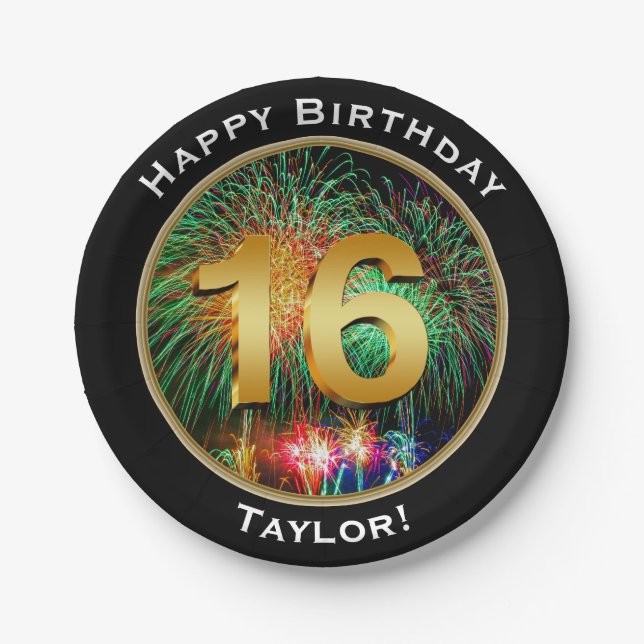 Fireworks Sixteenth 16th Birthday with Name Paper Plate (Front)