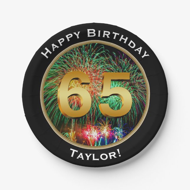 Fireworks Sixty-Fifth 65th Birthday with Name Paper Plate (Front)
