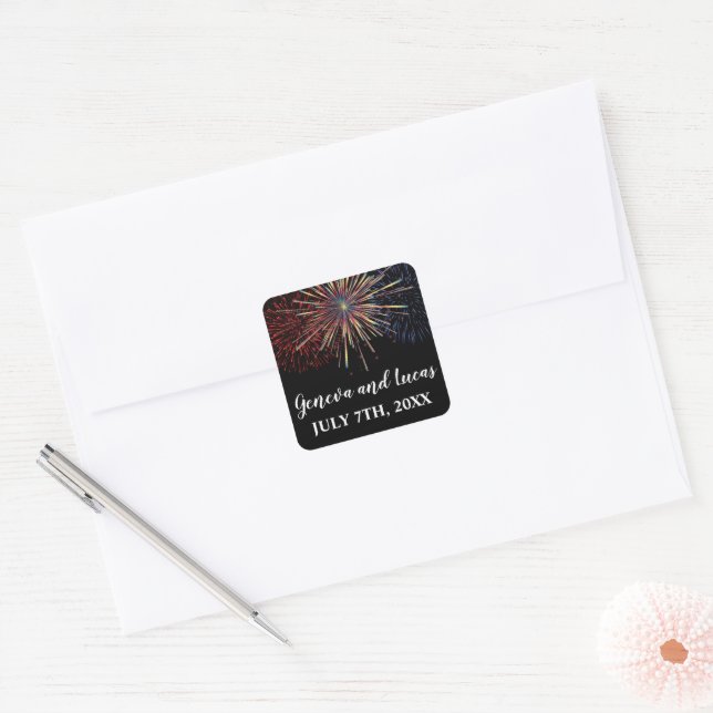 Fireworks Sky Fourth of July Colourful Wedding Square Sticker (Envelope)