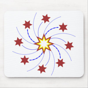 Fireworks Star Swirl - Red, Yellow, Blue on White Mouse Mat