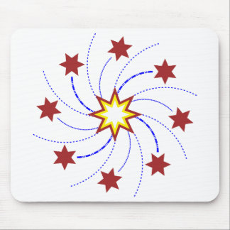 Fireworks Star Swirl - Red, Yellow, Blue on White Mouse Mat