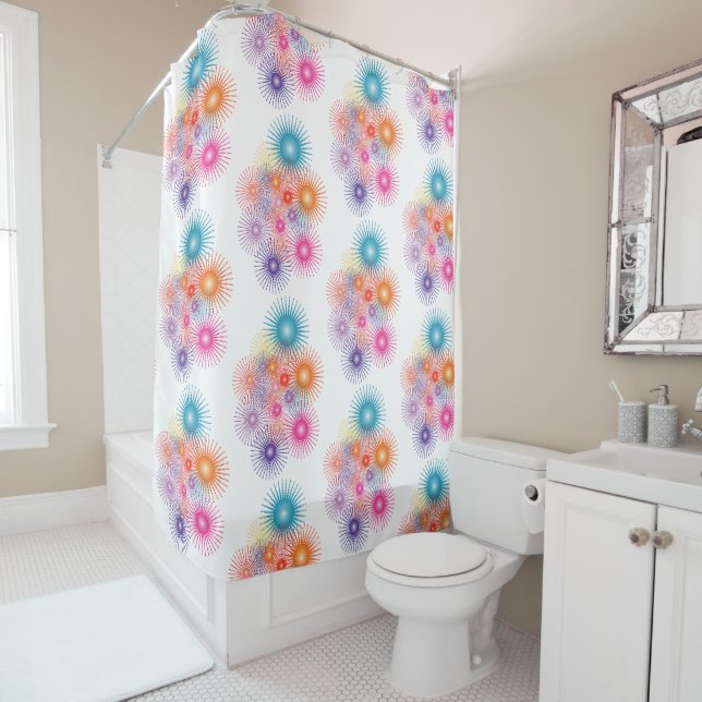 Fireworks Stars Burst of Colour Blue Pink Orange Shower Curtain (In Situ)