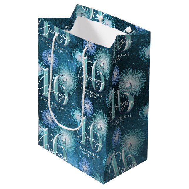 Fireworks Sweet 16 Teal ID984 Medium Gift Bag (Front Angled)