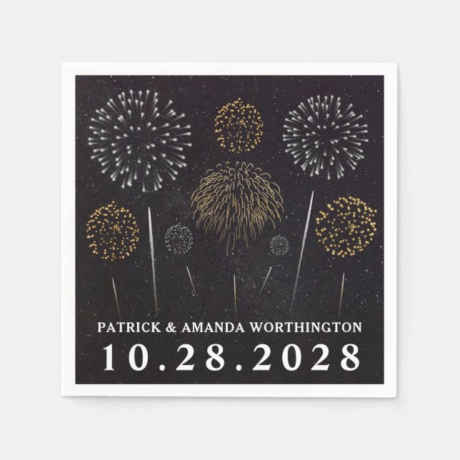 Fireworks Themed Black Gold Silver Wedding Napkins (Front)