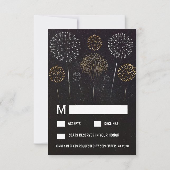 Fireworks Themed Black Gold Wedding RSVP Cards (Front)
