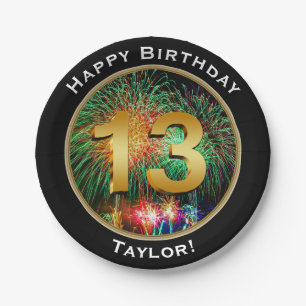 Fireworks Thirteenth 13th Birthday with Name Paper Plate