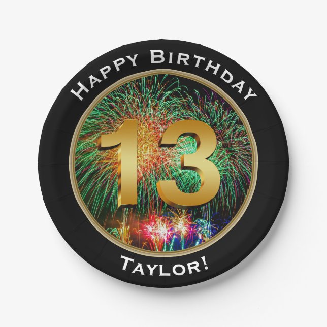 Fireworks Thirteenth 13th Birthday with Name Paper Plate (Front)
