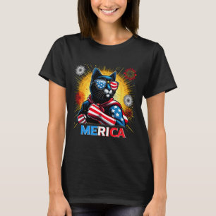 Fireworks Us Flag Patriotic Black Cat  T-Shirt