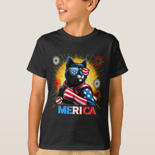 Fireworks Us Flag Patriotic Black Cat T-Shirt