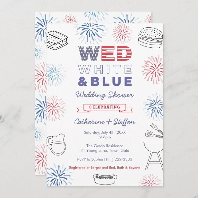 Fireworks Wed White Blue Cookout Couples Shower Invitation (Front/Back)