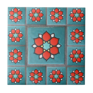 Firey Orange and Teal Vintage Flower Pattern Tile