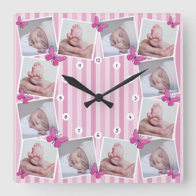 First 12 Months Baby Photo Collage Pink Butterfly  Square Wall Clock (Front)