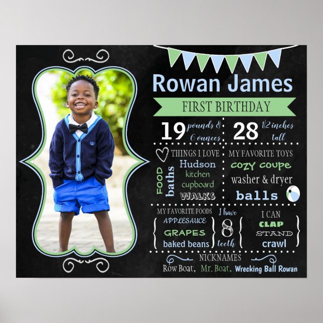 First 1st 2nd Birthday chalkboard sign boy (Front)
