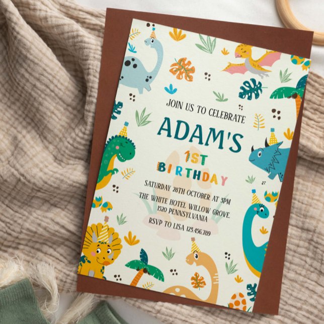 First 1st Birthday Colourful Dinosaur theme Invitation (Creator Uploaded)