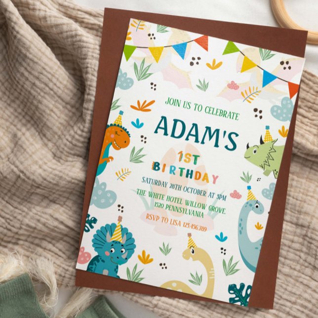 First 1st Birthday Colourful Party Dinosaur  Invitation (Creator Uploaded)