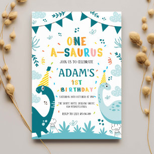 First 1st Birthday Dark & Light Green Dinosaur Invitation