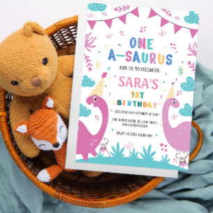 First 1st Birthday Dark & Light Pink Dinosaur Invitation