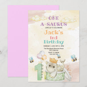 First 1st Birthday Dinosaur and Bee Watercolor  Invitation
