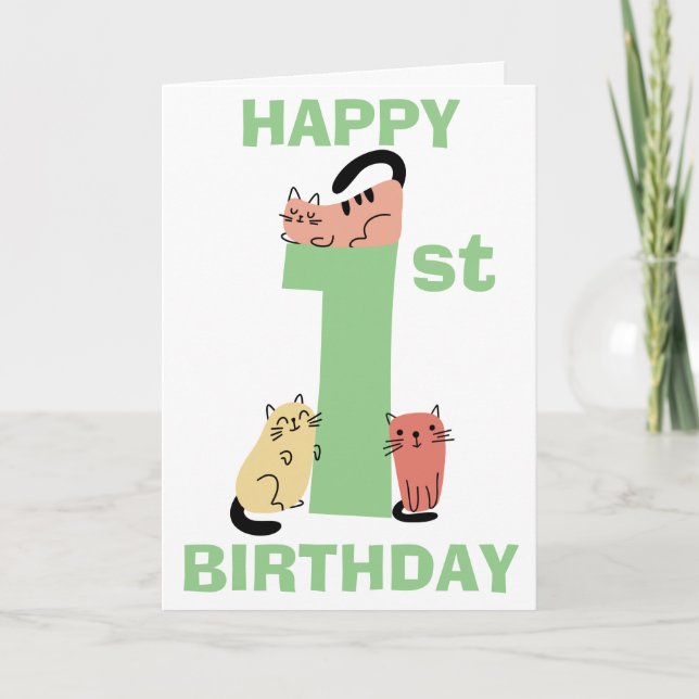 First 1st Birthday Doodle Cats Custom Message Card (Front)