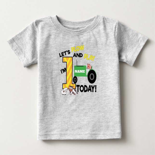 First 1st birthday - farm themed tractor party baby T-Shirt (Front)