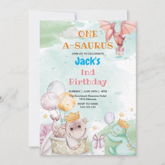 First 1st Birthday Gift and Dinosaur Invitation (Front)