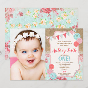 first 1st birthday girl cute as a button photo invitation