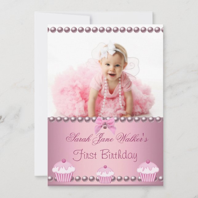 First 1st Birthday Girl Pink Cupcakes Baby Invitation (Front)