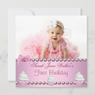 First 1st Birthday Girl Pink Pearls Baby Invitation