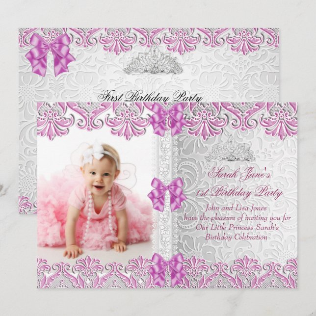 First 1st Birthday Girls Lilac Pink Photo Invitation (Front/Back)