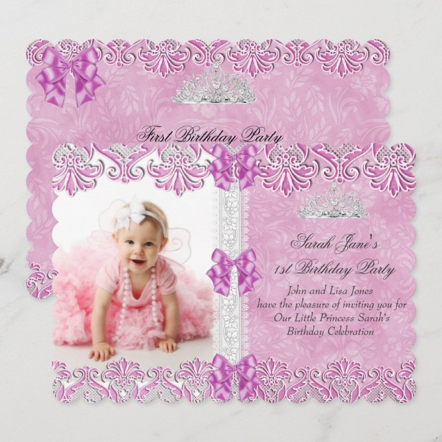 First 1st Birthday Girls Lilac Pink Photo Tiara Invitation (Front/Back)
