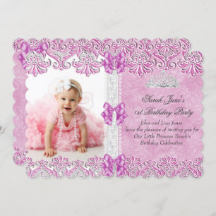 First 1st Birthday Girls Lilac Pink Photo Tiara Invitation
