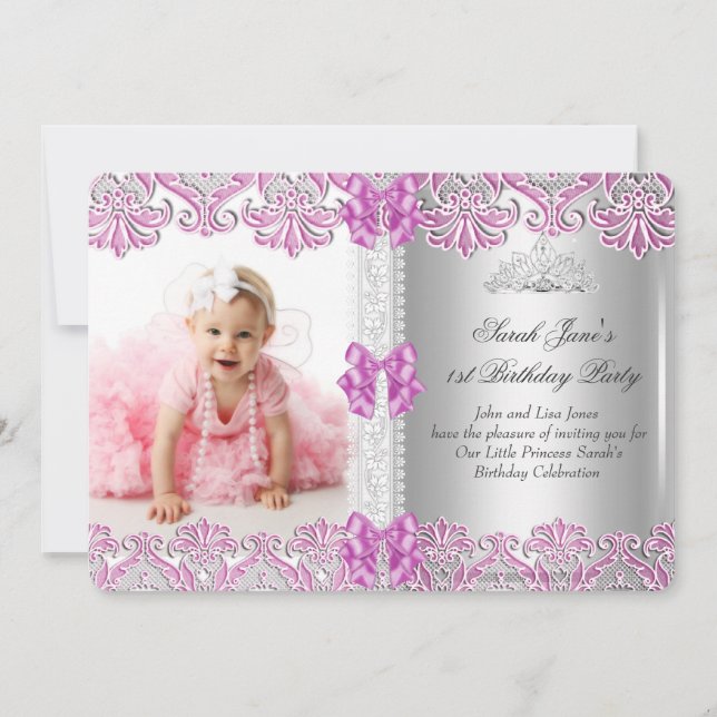 First 1st Birthday Girls Lilac Pink Photo Tiara Si Invitation (Front)