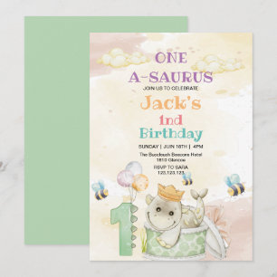 First 1st Birthday Green Dinosaur Watercolor Invitation