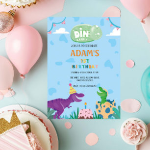 First 1st Birthday Green & Purple Dinosaur Invitation
